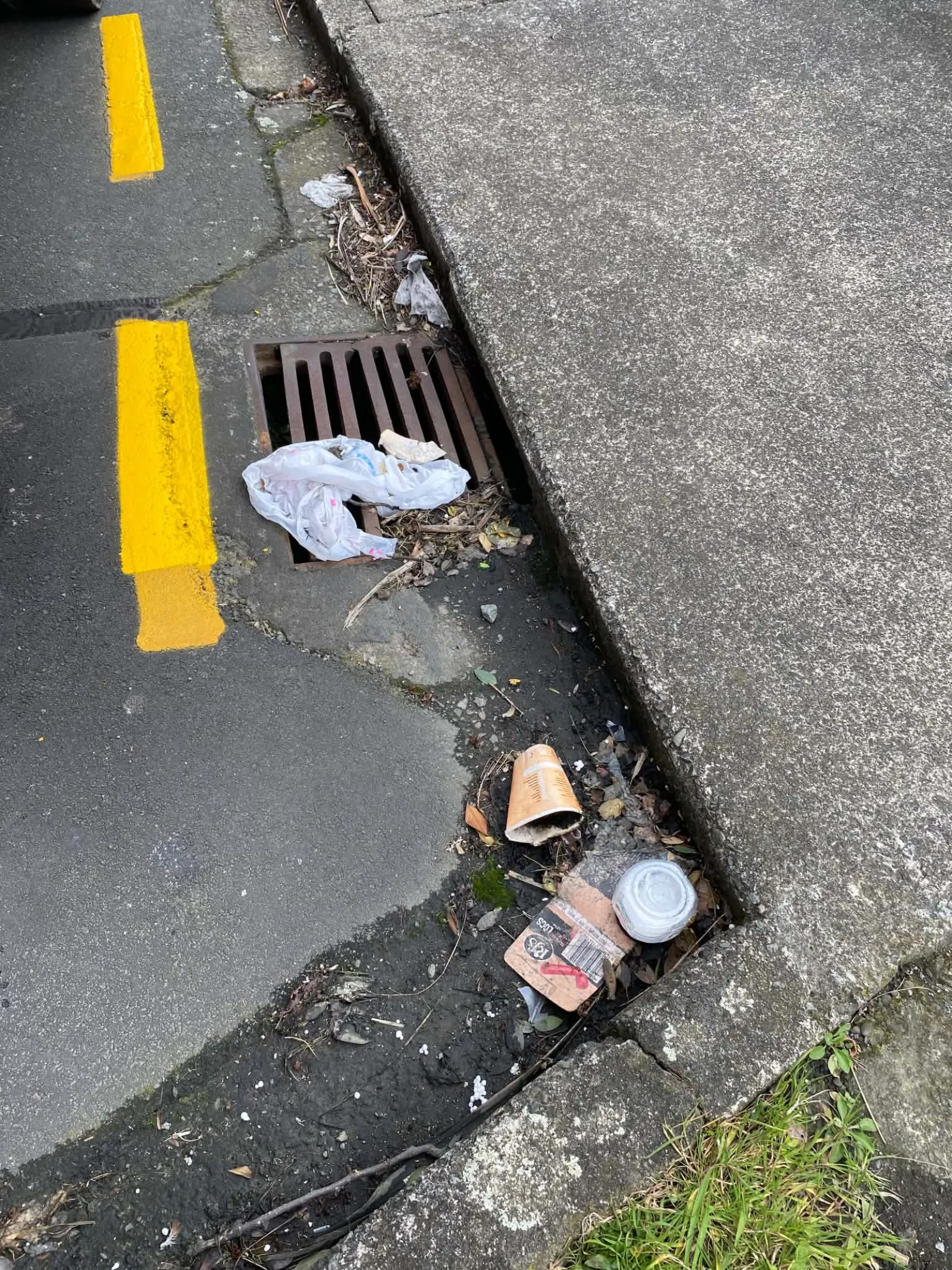 Rubbish blown along a kerb and toward a stormwater drain