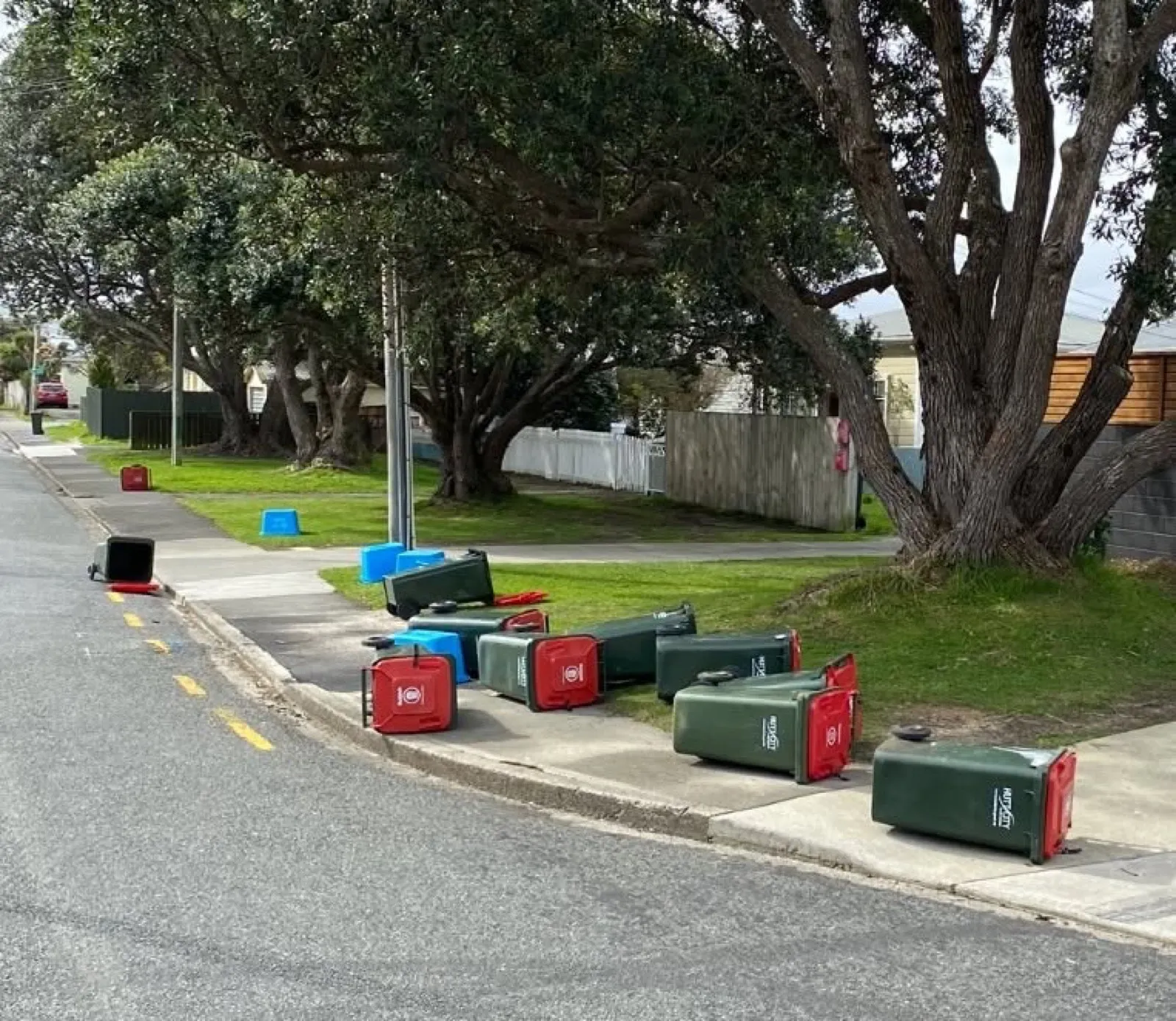 Multiple tipped bins blocking a suburban street