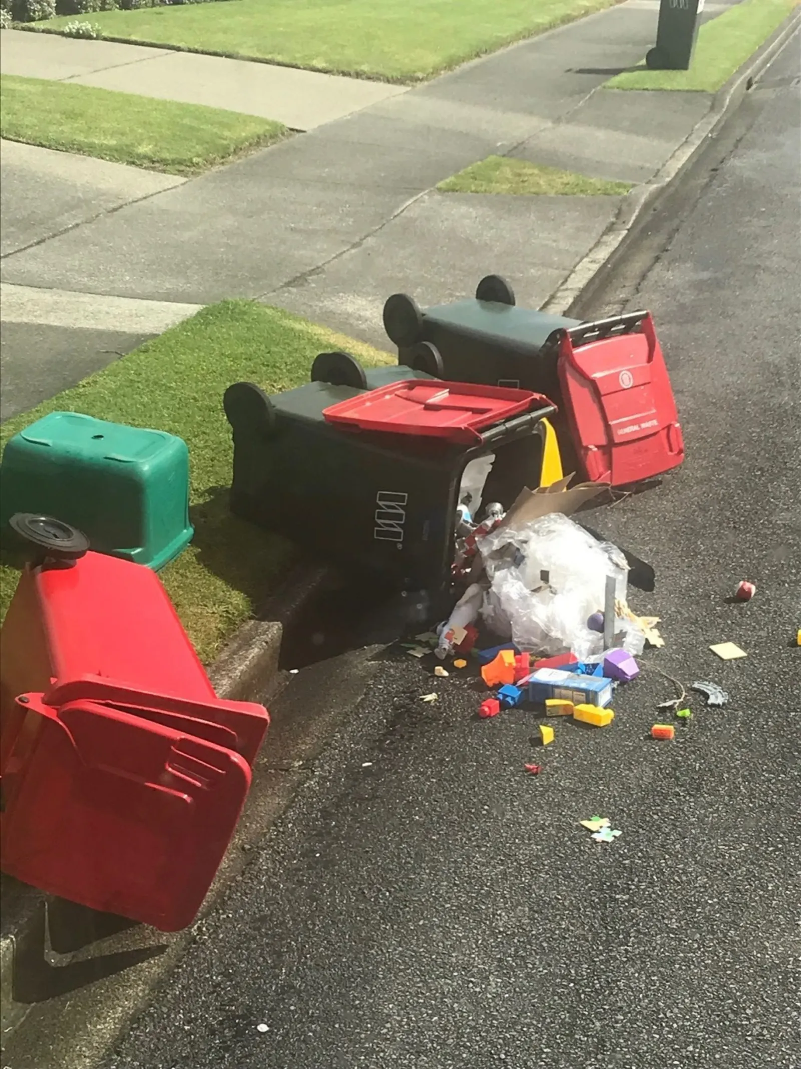 Tipped wheelie bins blocking a footpath